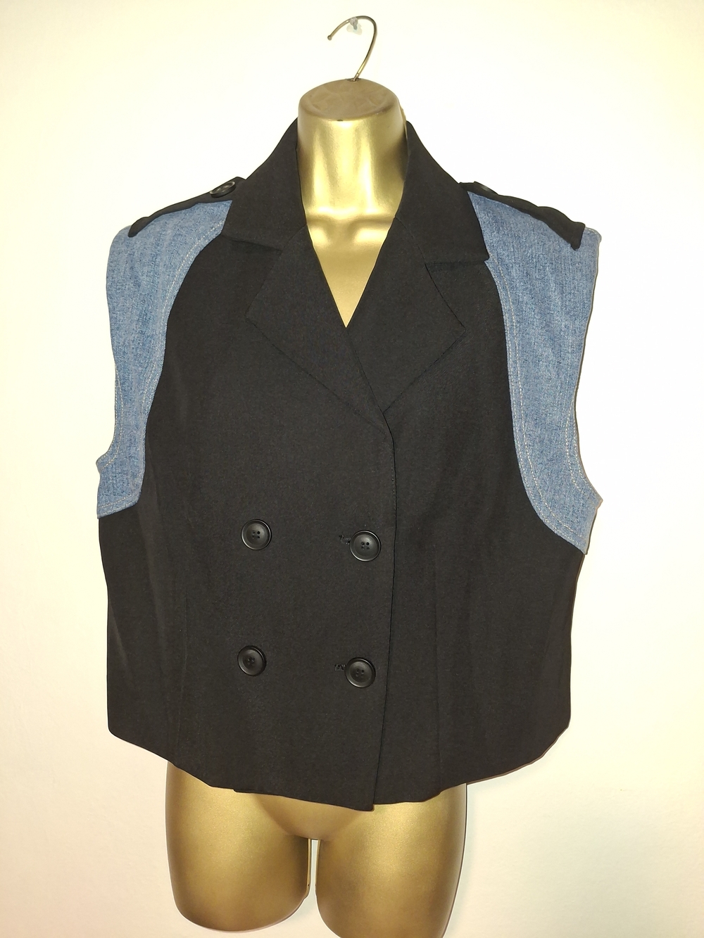 Black Double-Breasted Vest with Denim Shoulder Panels